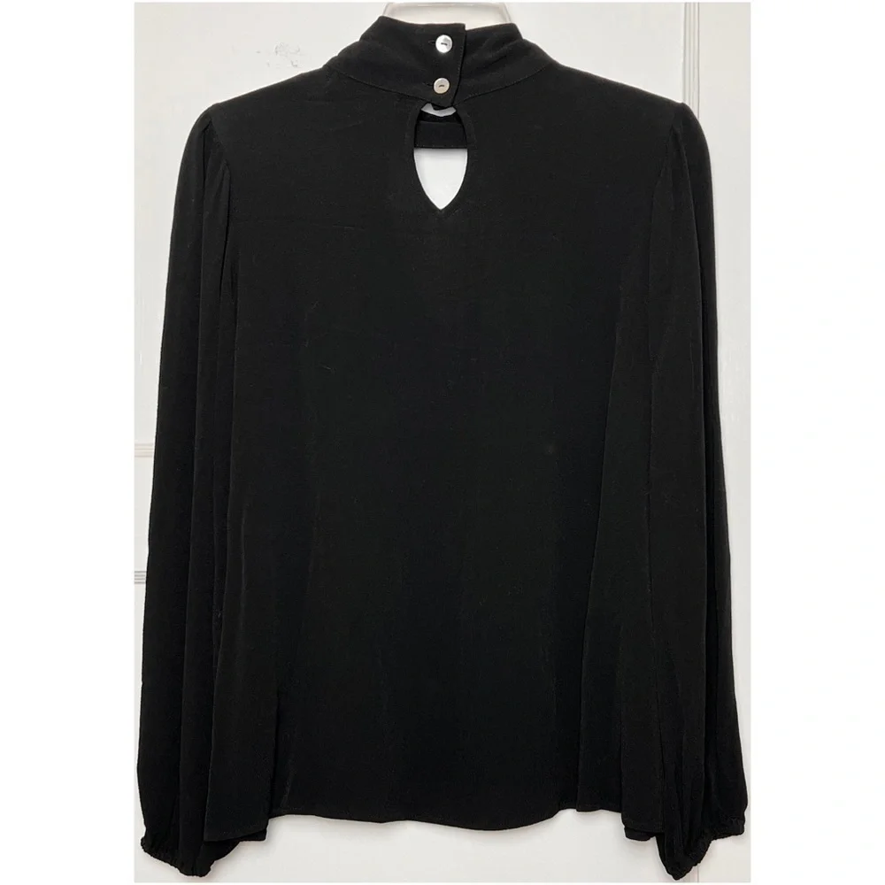 FLYNN SKYE 70s High Neck Front &‎ Back Cutout Long Puffed Sleeve Crepe Blouse M